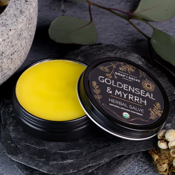 Goldenseal &amp; Myrrh Tea Tree herbal kologisk salve: sr svamp bumser hudirritation